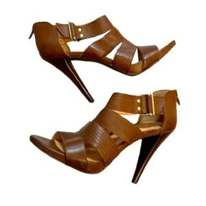 BCBG Gorgeous Brown Strappy 4.5” Heels with High Slender Design and Side Buckle